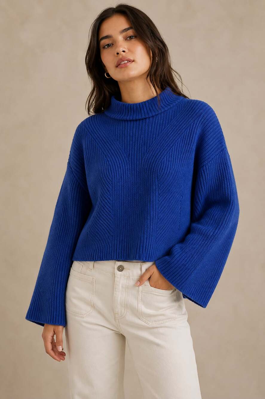 Maeve Le Pull Col Montant Katey Blue Mock Neck Cropped Sweater Sz Small